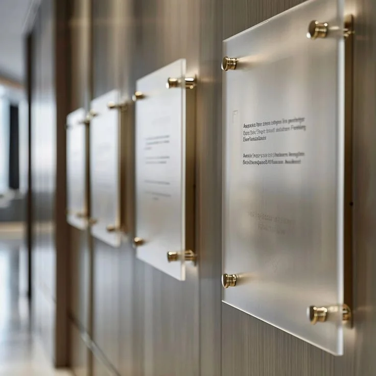 Premium corporate corridor with multiple frosted acrylic panels on gold standoffs