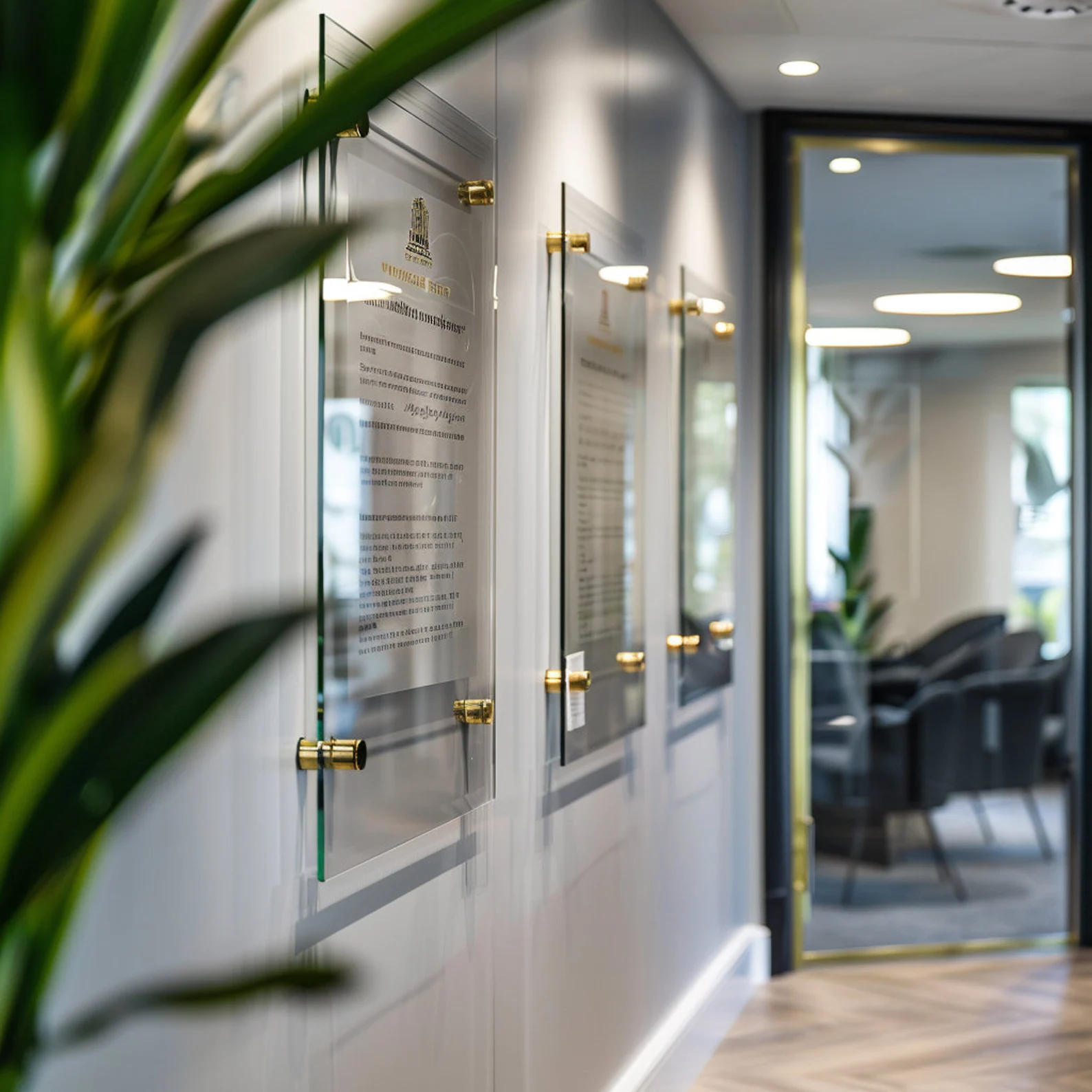 Modern office hallway with brass standoffs holding glass information panels