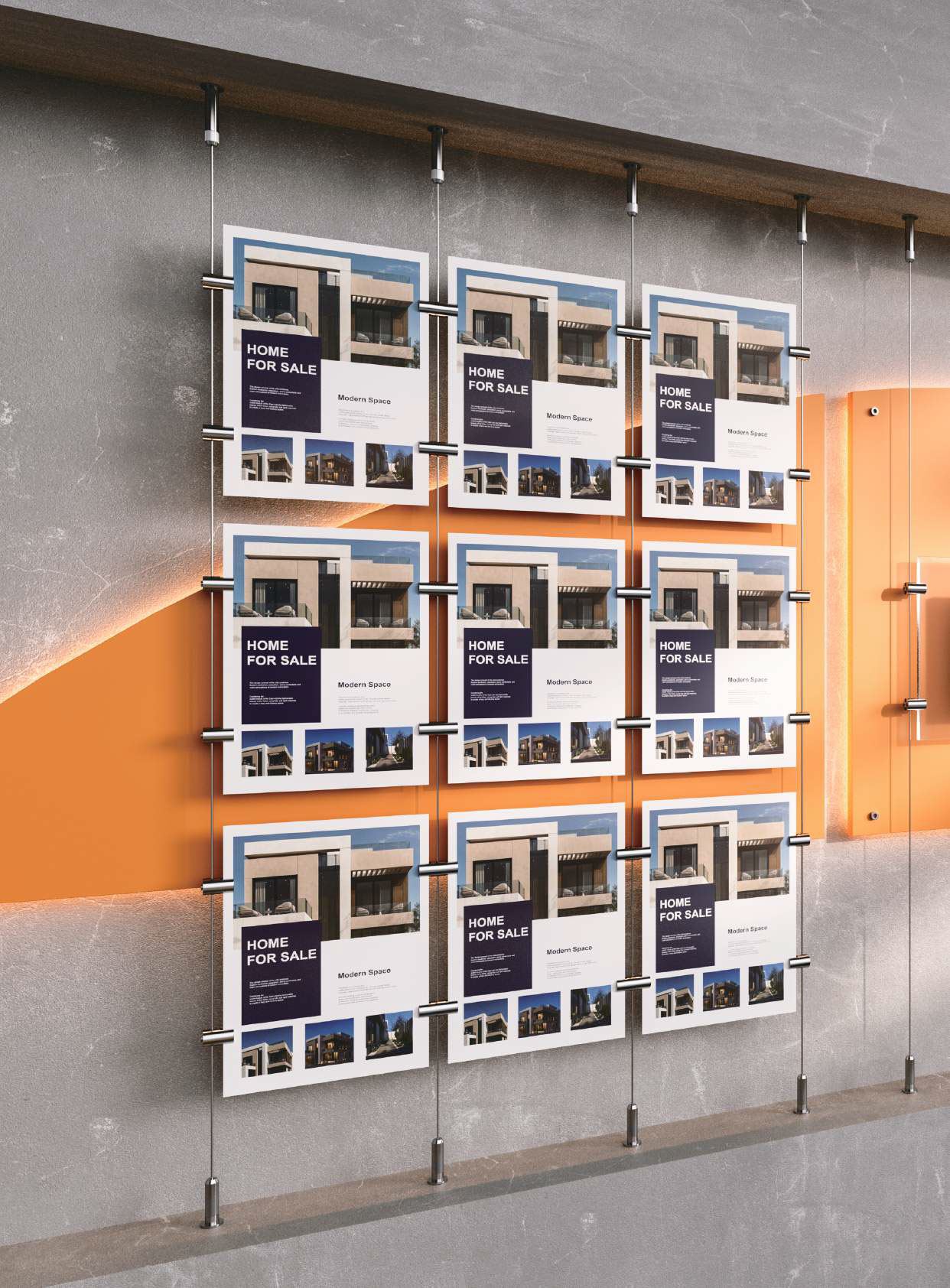 Cable display system with suspended poster panels — UNIFITTING hardware