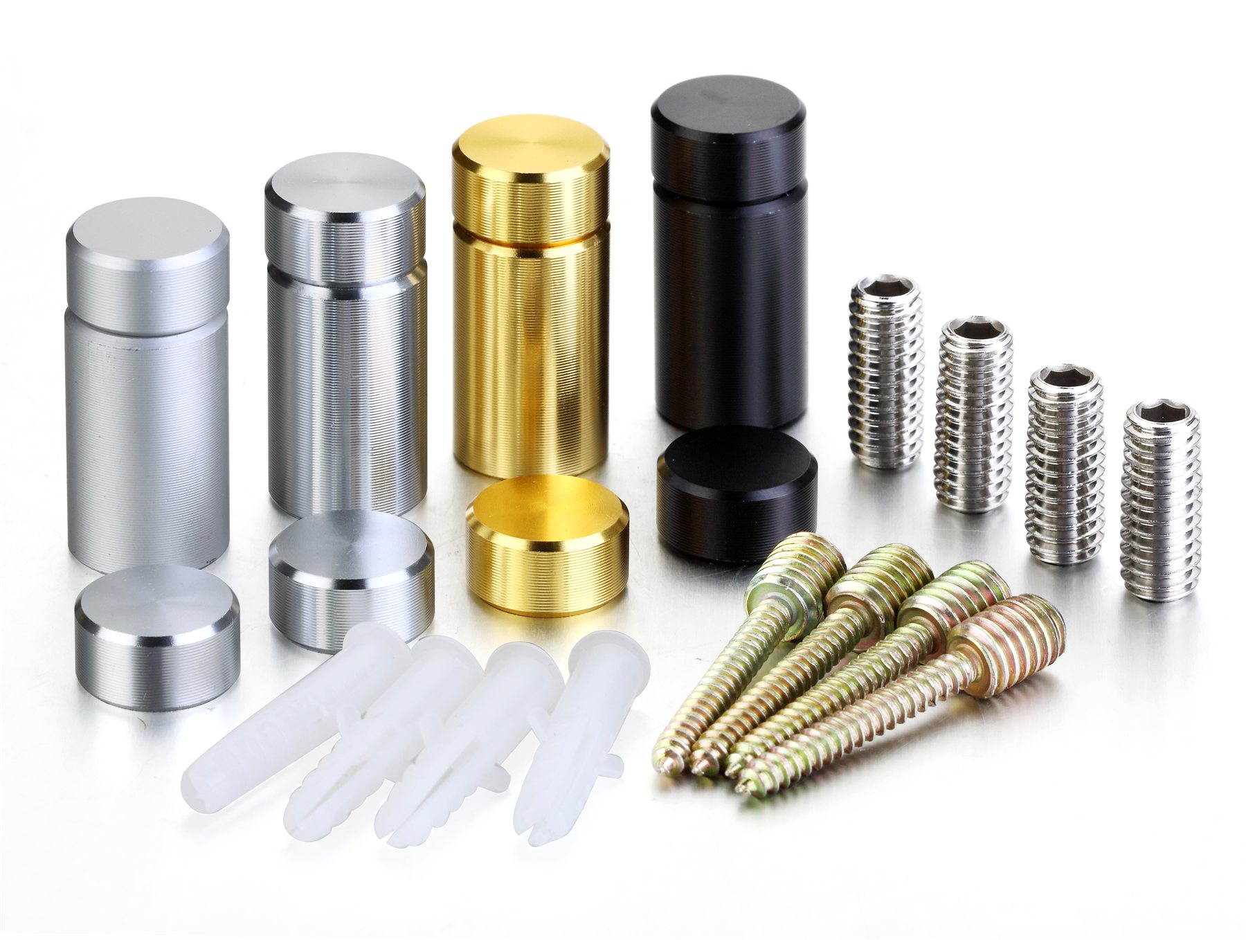 Aluminium spacer and cap standoff kit with silver, chrome, gold, and black caps plus screws and wall plugs