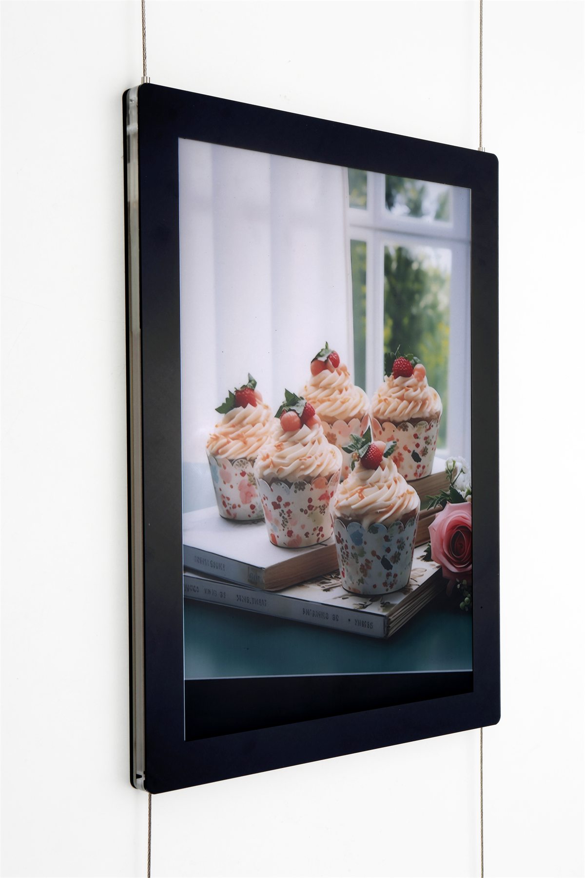 Classical magnetic lightbox display suspended by cable hardware with black frame and illuminated graphic
