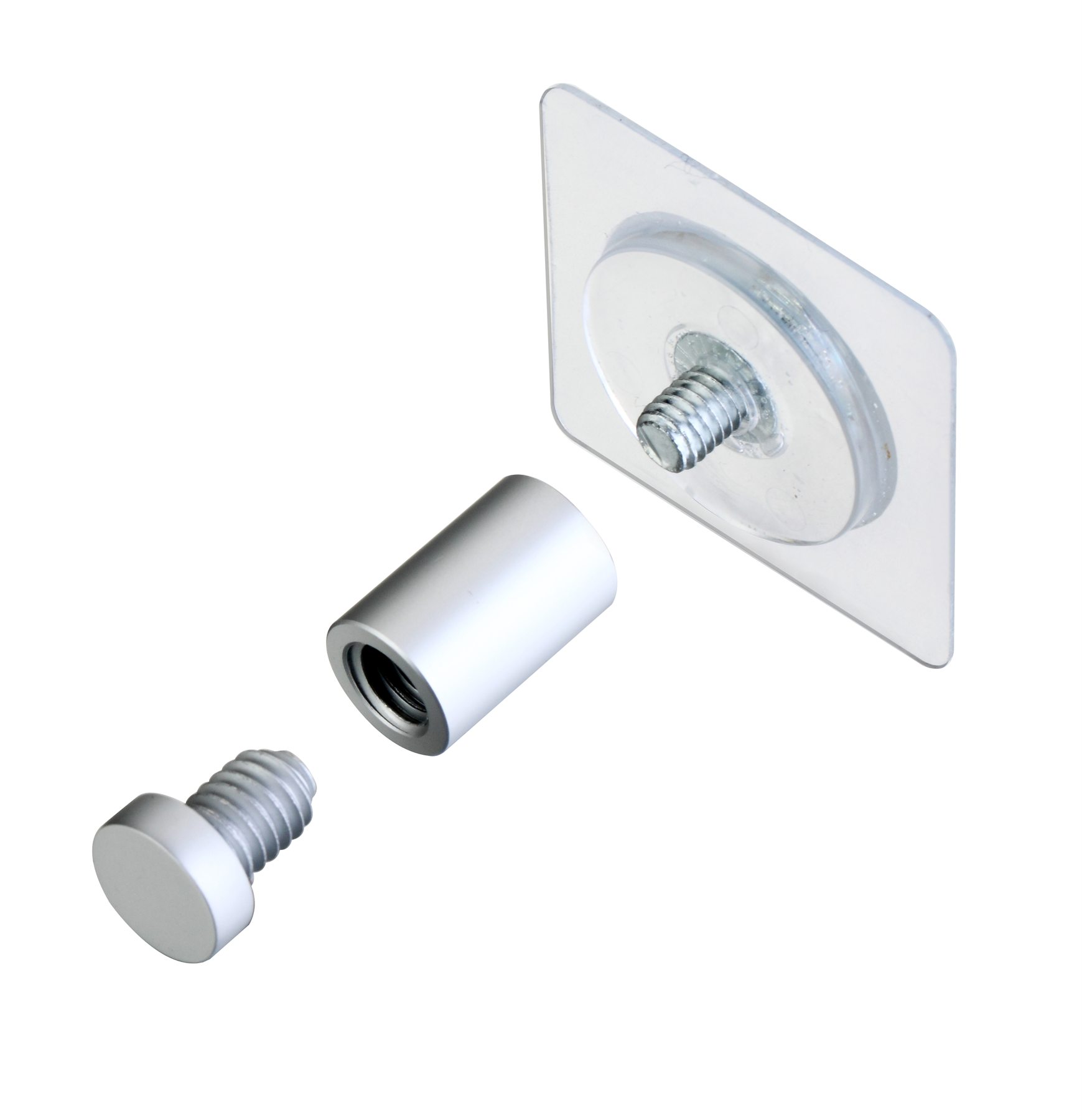 Self-adhesive sign standoff with clear adhesive mounting pad, threaded stud, barrel, and cap