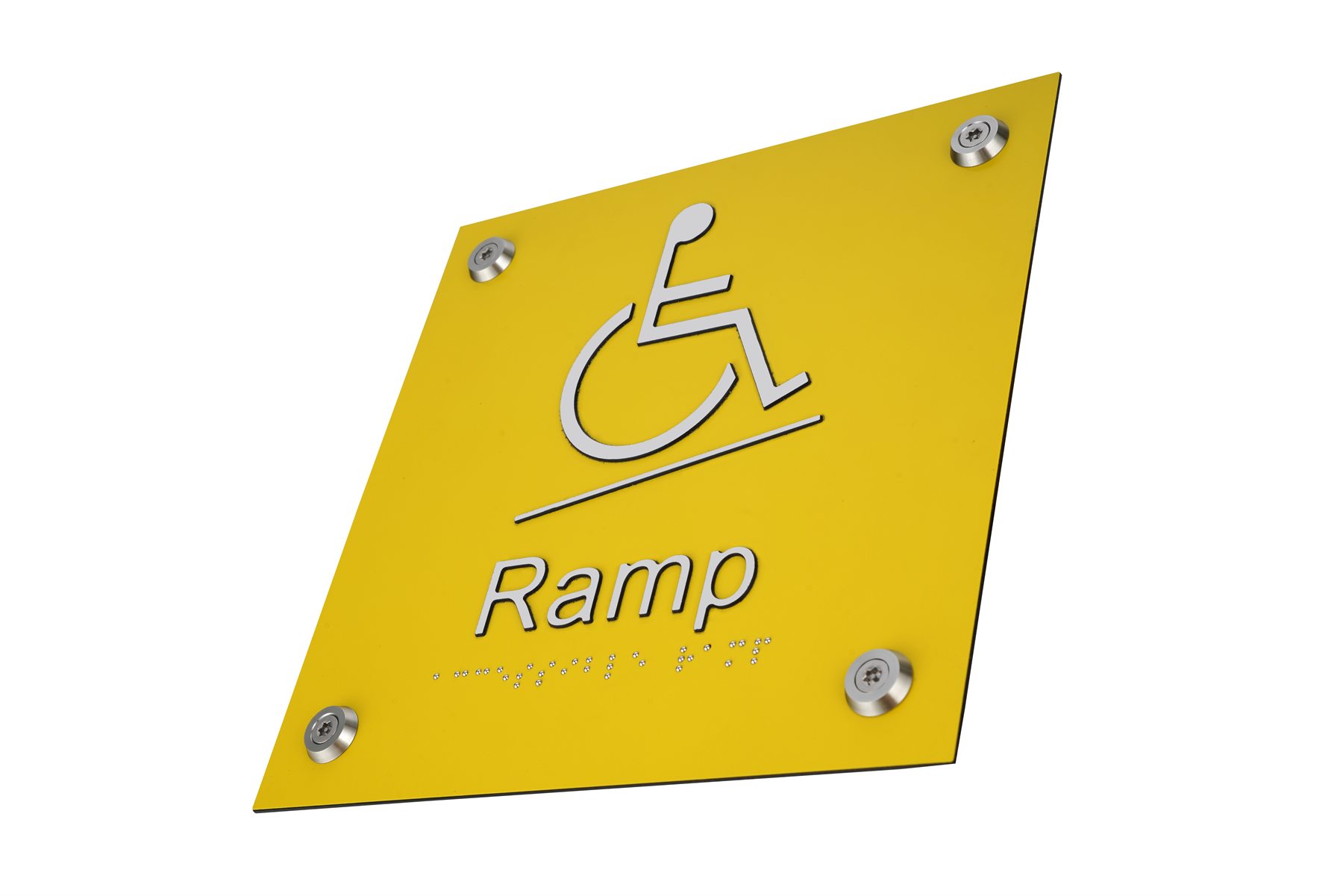 Tamper-proof screw studs securing a yellow accessibility ramp sign with Torx security fasteners