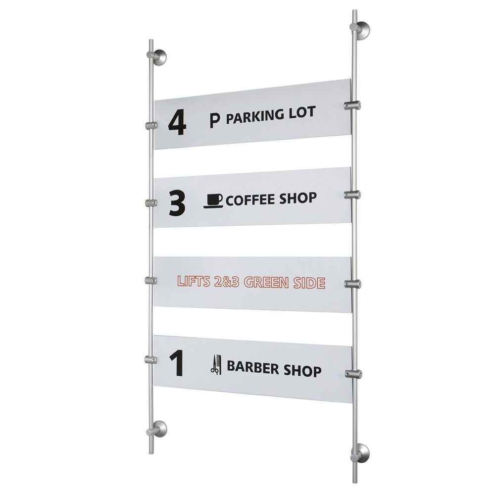 Rod display system holding modular parking and wayfinding sign panels