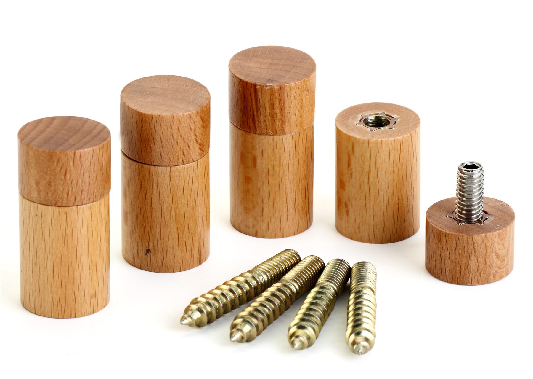 Wooden sign standoffs with natural wood barrels and metal hanger bolts