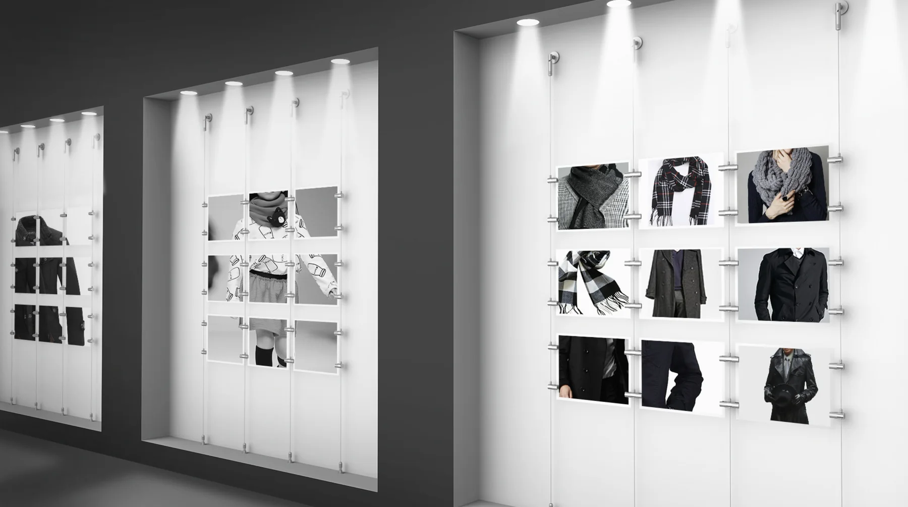 Wall-to-floor cable display system for gallery foyer display panels