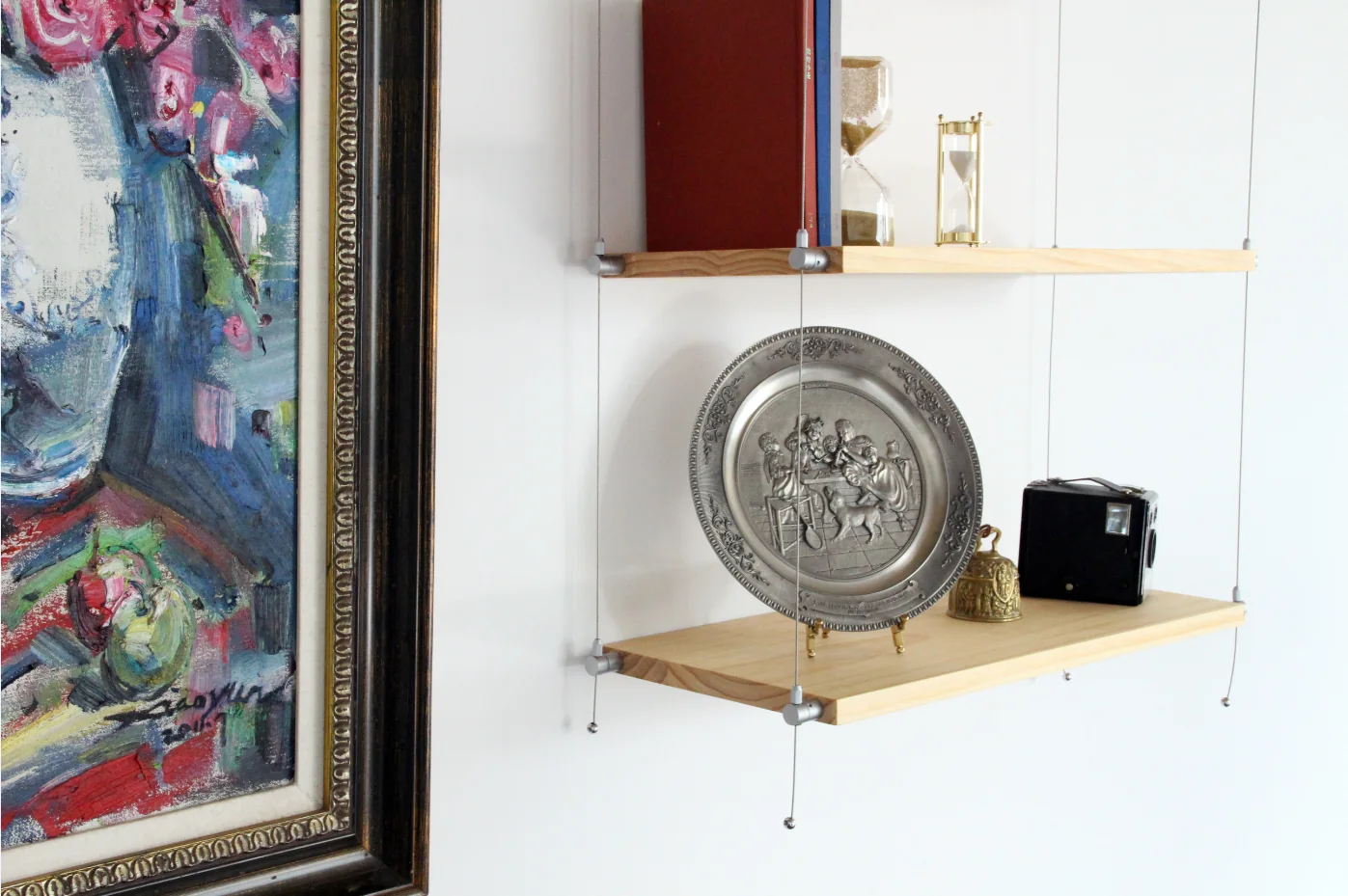 Cable shelf system with wood shelves for retail display hardware